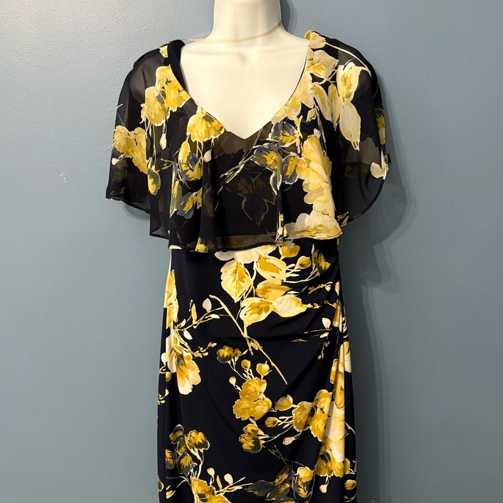 Connected Apparel Navy and Yellow Floral knee length Dress